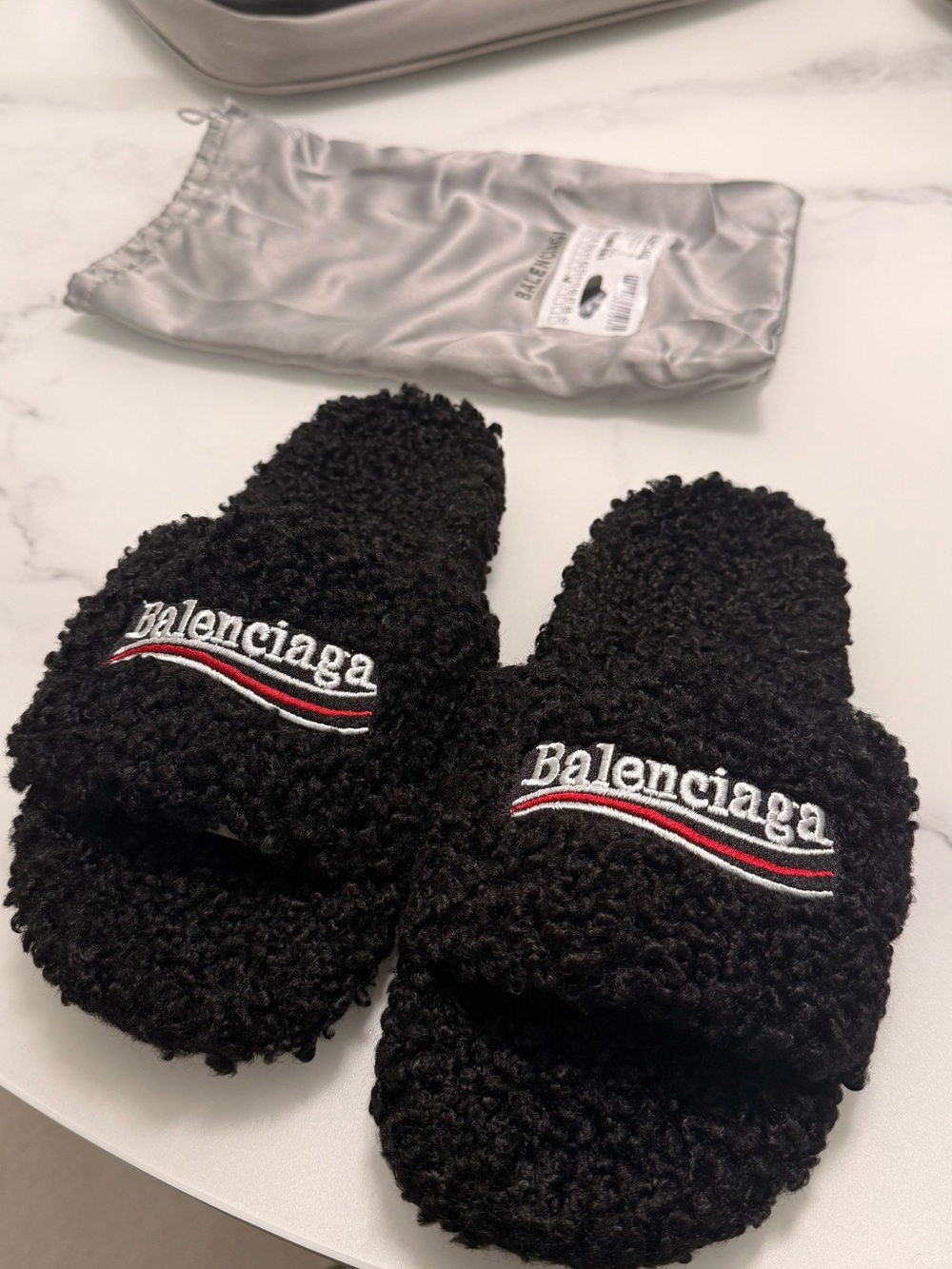 Balenciaga Black Sherpa Slide Sandals with Red & White Logo Stripe - Picture 1 of 7